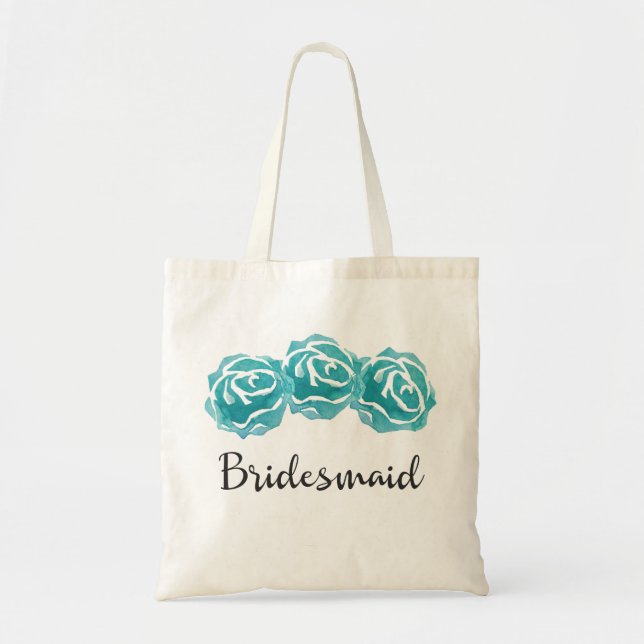 Teal Watercolor Roses Bridesmaid Tote Bag (Front)