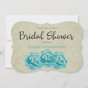 Teal Watercolor Roses On Tan Damask Bridal Shower Invitation