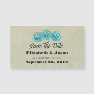 Teal Watercolor Roses on Tan Damask Save The Date