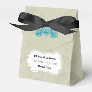 Teal Watercolor Roses on Tan Damask Wedding Thanks Favour Box