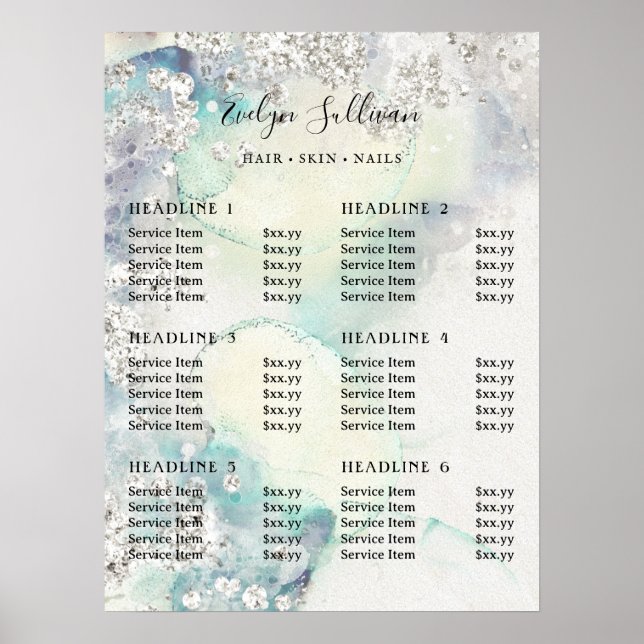 Teal watercolor silver glitter price list poster (Front)