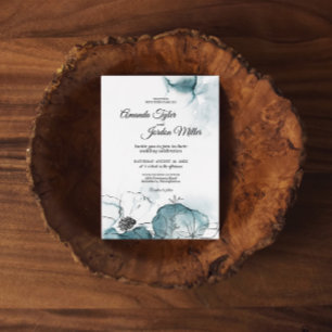 Teal Watercolor Sketch Wedding Invitation