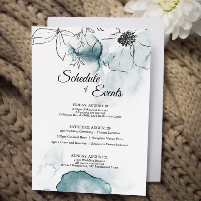 Teal Watercolor Sketch Wedding Schedule Enclosure Card (Creator Uploaded)