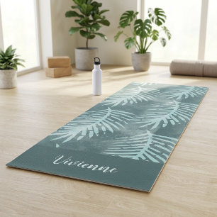 Teal Watercolor Tropical Leaf Custom Name Yoga Mat