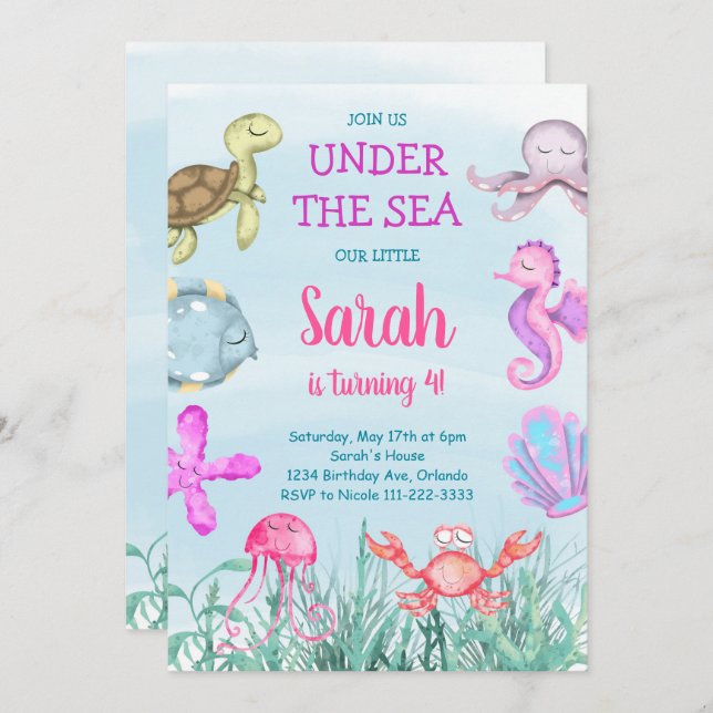 Teal Watercolor Under the sea Birthday Invitation (Front/Back)