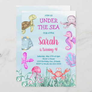 Teal Watercolor Under the sea Birthday Invitation