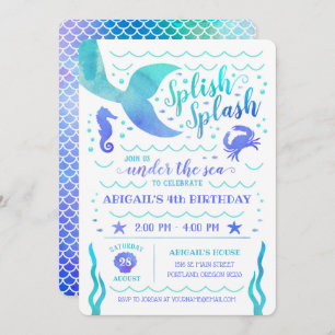 Teal Watercolor Under the Sea Mermaid Birthday Invitation