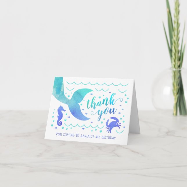 Teal Watercolor Under the Sea Mermaid Thank You Card (Front)