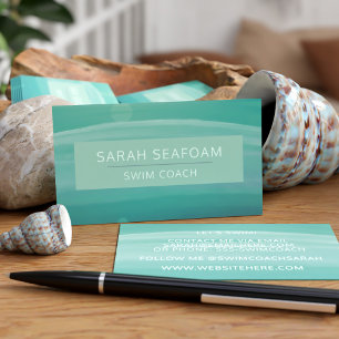 Teal Watercolor Waves Modern Swim Coach Business Card