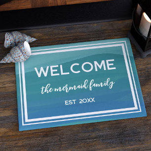 Teal Watercolor Waves Welcome Doormat
