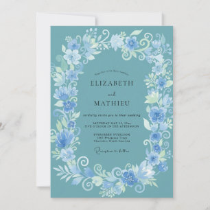 Teal Watercolor Wildflower Wedding Invitation