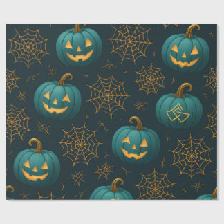 Teal Webbed Jack - O’ - Lanterns  Wrapping Paper