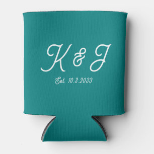 Teal Wedding Favour Monogrammed Can Cooler