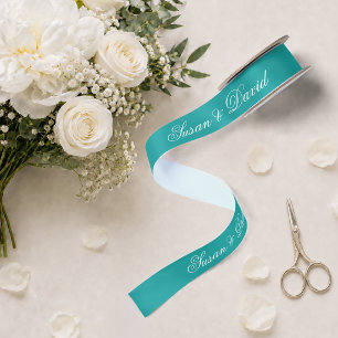 Teal Wedding Ribbon - Simple Elegant Calligraphy Satin Ribbon