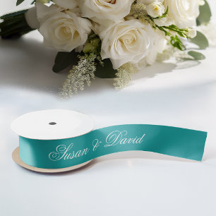 Teal Wedding Ribbon - Simple Elegant Calligraphy Satin Ribbon