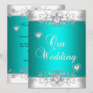 Teal Wedding Silver White Diamond Hearts Invitation