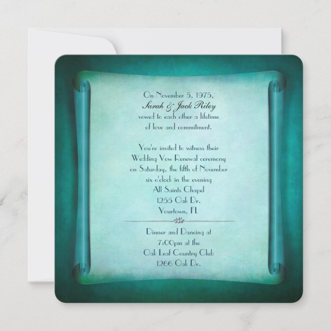 Teal Wedding Vow Renewal Scroll Invitation (Front)