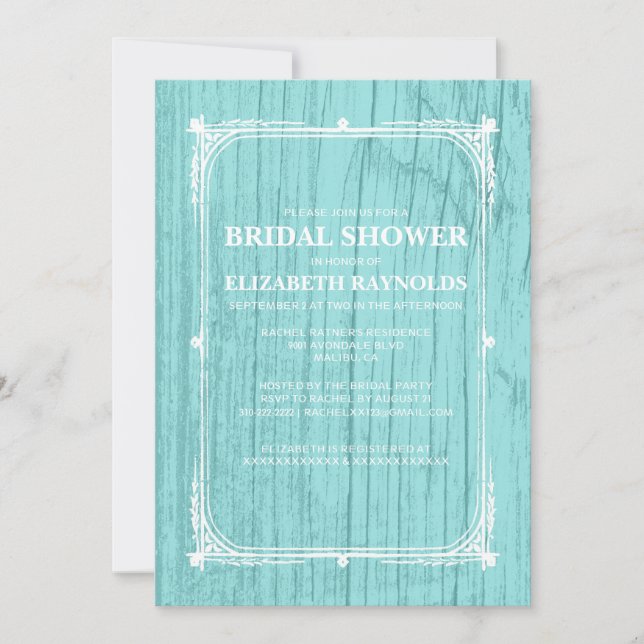 Teal Western Barn Wood Bridal Shower Invitations (Front)