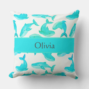 Teal Whale Your Name Ocean Sea Life Throw Pillow