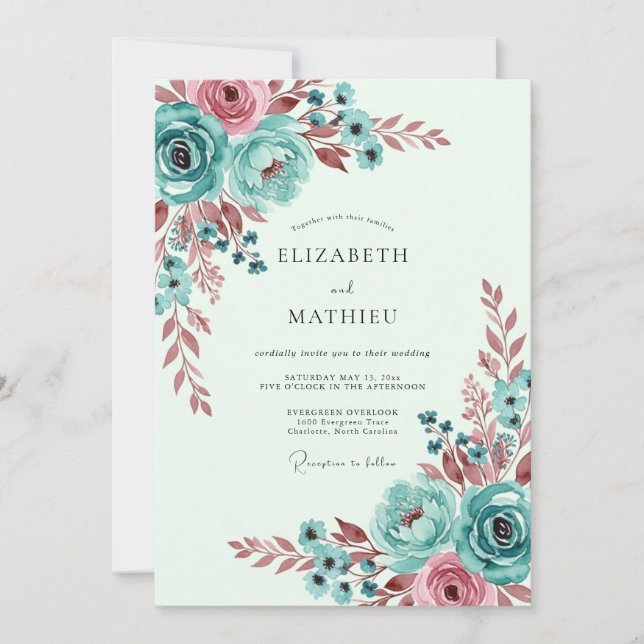 Teal Whimsical Botanical Spring Wedding Invitation (Front)