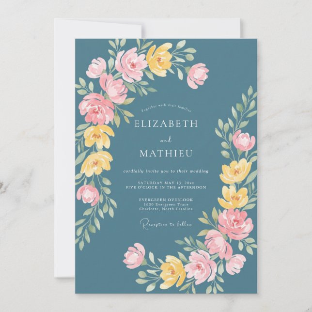 Teal Whimsical Floral Wedding Invitation (Front)