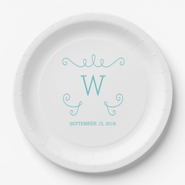 Teal Whimsical Flourish Monogram Paper Plates (Front)
