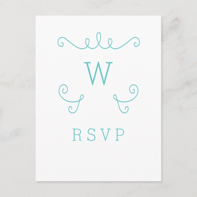 Teal Whimsical Flourish Monogram RSVP Postcard (Front)