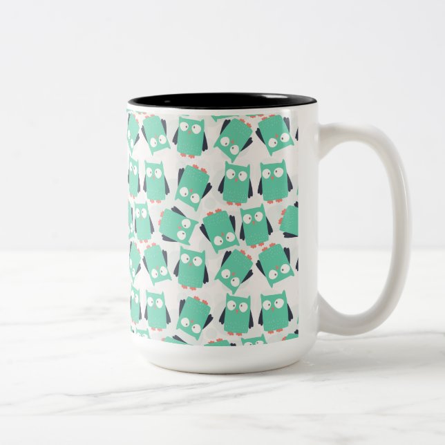 Teal Whimsical Owls Two-Tone Coffee Mug (Right)