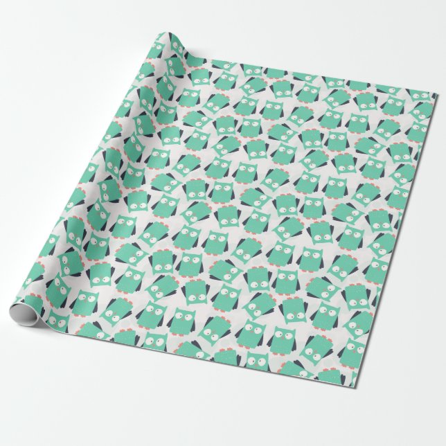 Teal Whimsical Owls Wrapping Paper (Unrolled)