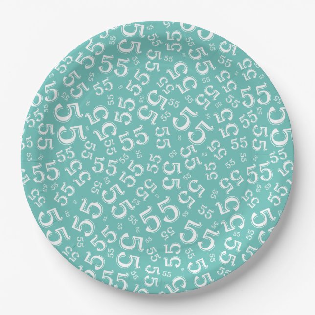  Teal/White 55th Random Number Pattern Paper Plate (Front)