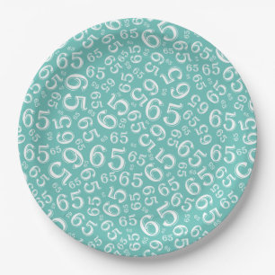 Teal/White 65th Random Number Pattern Paper Plate