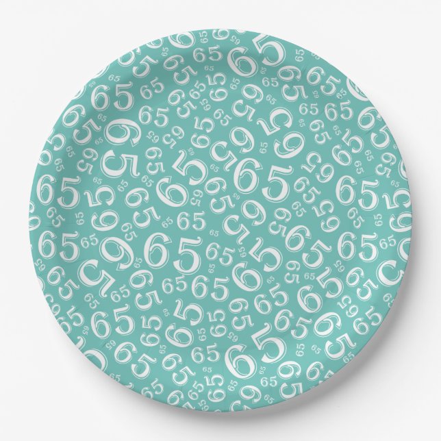  Teal/White 65th Random Number Pattern Paper Plate (Front)