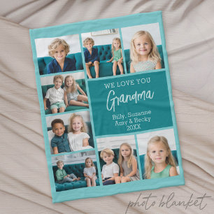Teal & White 8 Photo Collage - We Love Grandma Fleece Blanket