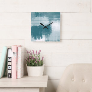 Teal White Abstract Brushstrokes   Square Wall Clock