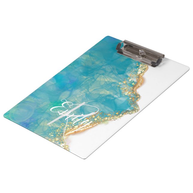 Teal & White Agate Marble Abstract Name Monogram Clipboard (Angled)