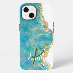 Teal & White Agate Marble Abstract Name Monogram iPhone 13 Case