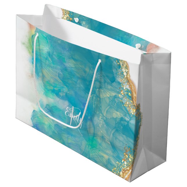 Teal & White Agate Marble Abstract Name Monogram Large Gift Bag (Front Angled)