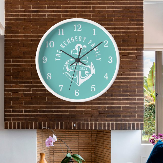 Teal White Anchor Beach House Custom Family Name  Clock (Creator Uploaded)