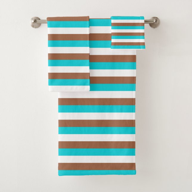Teal, White and Brown Stripes Bath Towel Set (Insitu)