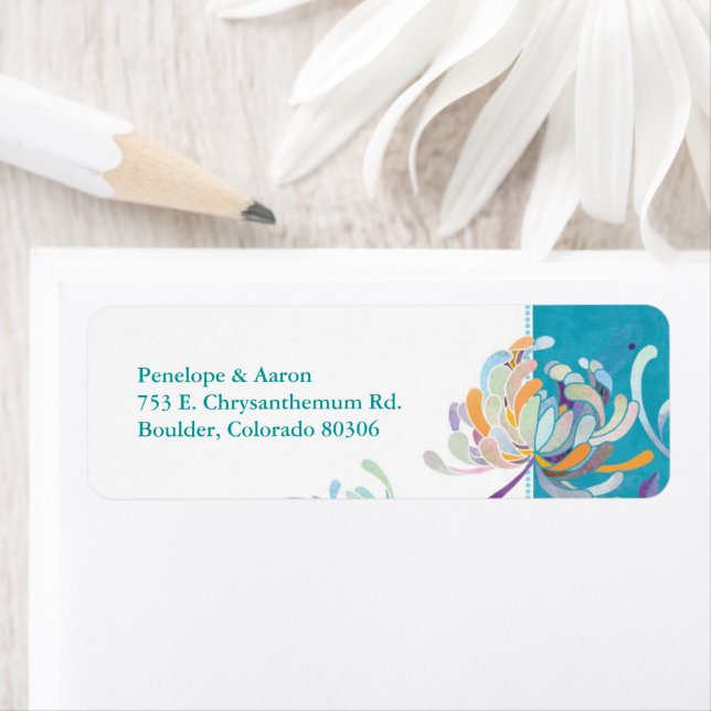 Teal & White Asian Mum Fall Wedding Address Labels (Insitu)
