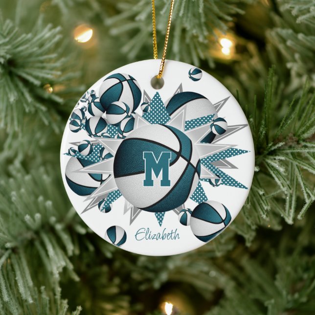 teal white basketball blowout girls sports ceramic ornament (Tree)