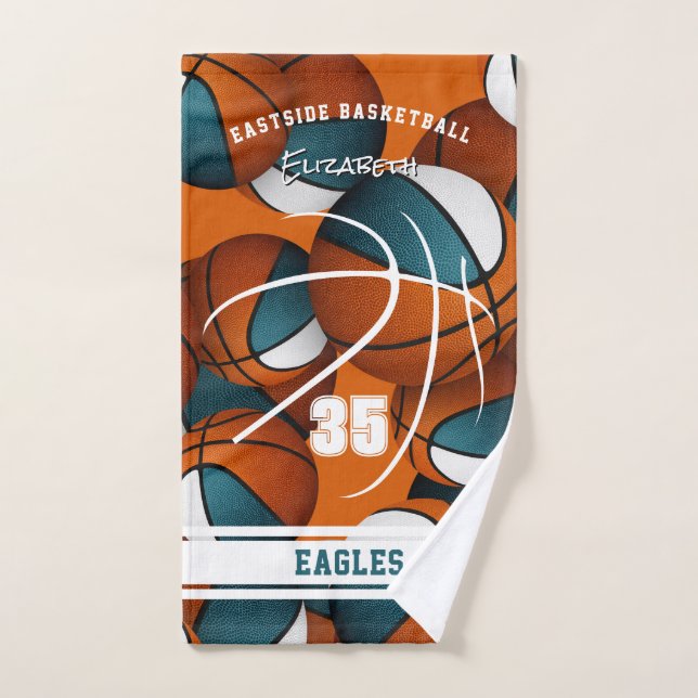teal white basketball team colours athlete name hand towel (Hand Towel)