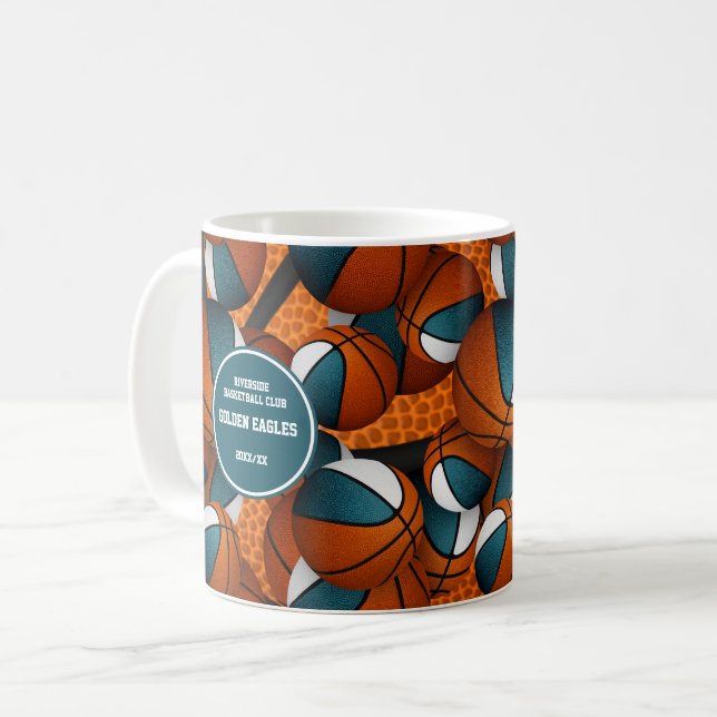 teal white basketball team colours coach name coffee mug (Front Left)