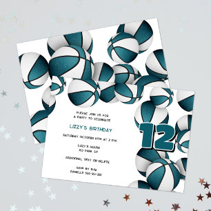 teal white basketballs girls boys birthday party invitation
