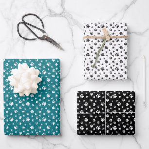 TEAL WHITE BLACK DOG CAT PET PAW PRINTS WRAPPING PAPER SHEET