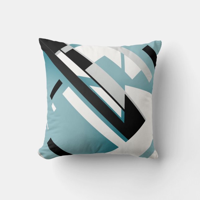 Teal White Black Grey Geometric Diagonal Abstract Cushion (Front)