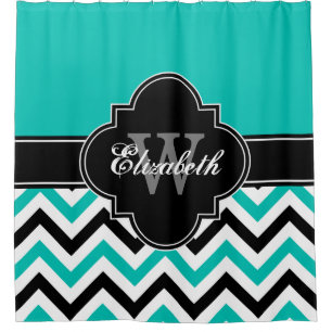 Teal White Black LG Chevron 1ICBR Name Monogram Shower Curtain