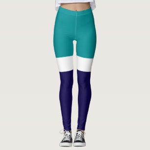 Teal White Blue Plain Colour Block Design Leggings