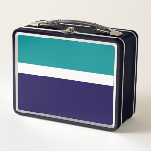 Teal White Blue Plain Colour Block Design Metal Lunch Box