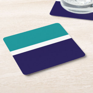 Teal White Blue Plain Colour Block Design Square Paper Coaster